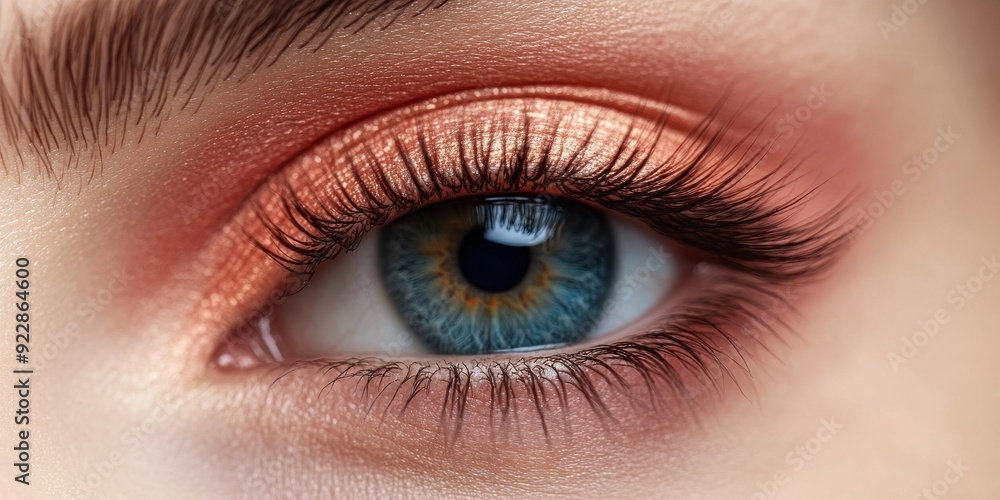 Close-up of a beautiful eye showcasing an artistic, shimmering makeup style with vibrant colors and detailed lashes. Close-up of a beautiful eye showcasing an artistic, shimmering makeup style with vibrant colors and detailed lashes.