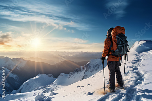 Mountaineer walking up along a snowy ridge with the skis in the backpack. In background a shiny bright sun.