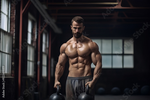 Muscular man exercising with kettlebell in gym. Weightlifting training. sports, fitness concept.