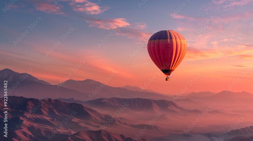Fototapeta premium A hot air balloon soaring over serene mountains at sunset, showcasing nature's beauty.
