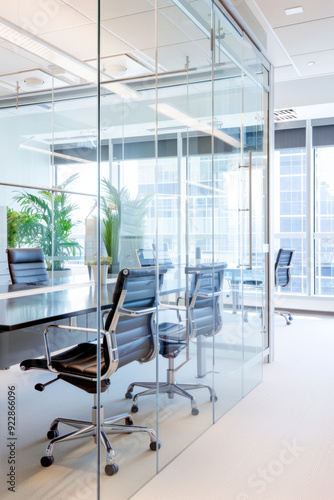 Modern office, Unpopulated glass-partitioned office with a wide-angle view, emphasizing chic modern furnishings including a long sleek desk, comfortable chairs, and large windows