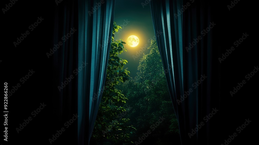 Fototapeta premium Full Moon Shining Through A Window, A Summer Night Of Dreams And Magic
