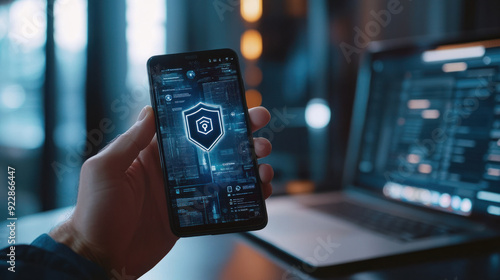 AI Cyber security, A close-up view of a hand grasping a smartphone, with its screen clearly showing a shield security icon. The setting suggests a modern workspace, with a laptop