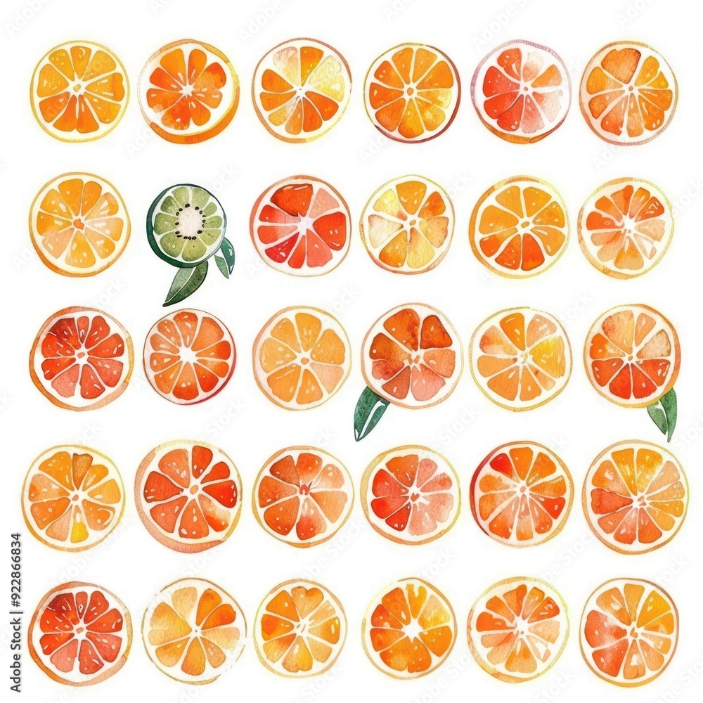 A vibrant arrangement of citrus fruit slices in various colors and types. A vibrant arrangement of citrus fruit slices in various colors and types.