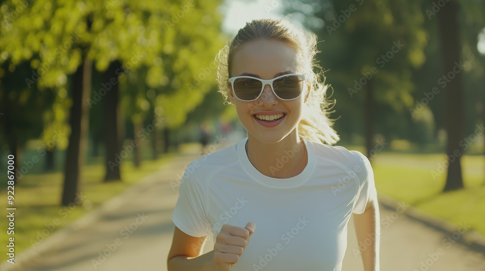 A woman jogs happily through a sunlit park, enjoying the warm weather and nature A woman jogs happily through a sunlit park, enjoying the warm weather and nature