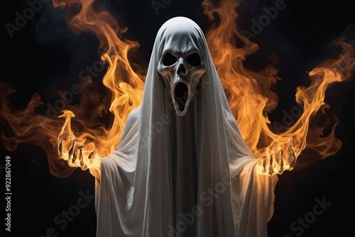 Ghost, Halloween, spooky, scary, horror, supernatural, apparition, specter, phantom, spirit, haunting, eerie, creepy, nightmare, costume, mask, sheet, white, flames, fire, smoke, dark, night, screamin photo