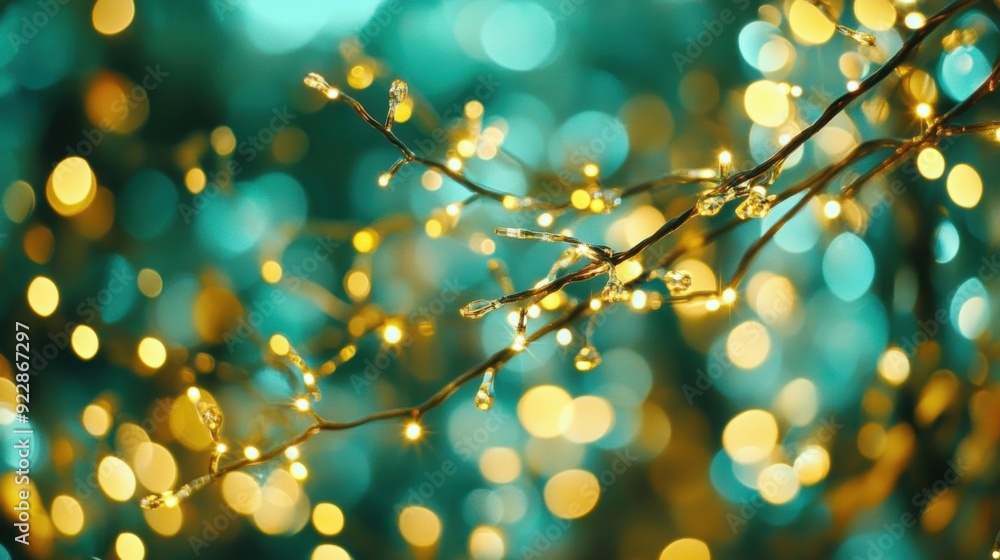 Branches glow with enchanting green and gold lights, creating a magical atmosphere at night Branches glow with enchanting green and gold lights, creating a magical atmosphere at night