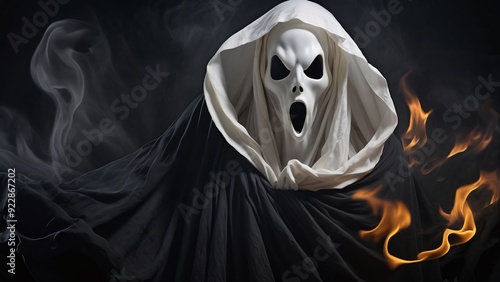 Ghost, Halloween, spooky, scary, horror, supernatural, apparition, specter, phantom, spirit, haunting, eerie, creepy, nightmare, costume, mask, sheet, white, flames, fire, smoke, dark, night, screamin photo