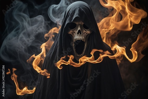 Ghost, Halloween, spooky, scary, horror, supernatural, apparition, specter, phantom, spirit, haunting, eerie, creepy, nightmare, costume, mask, sheet, white, flames, fire, smoke, dark, night, screamin photo