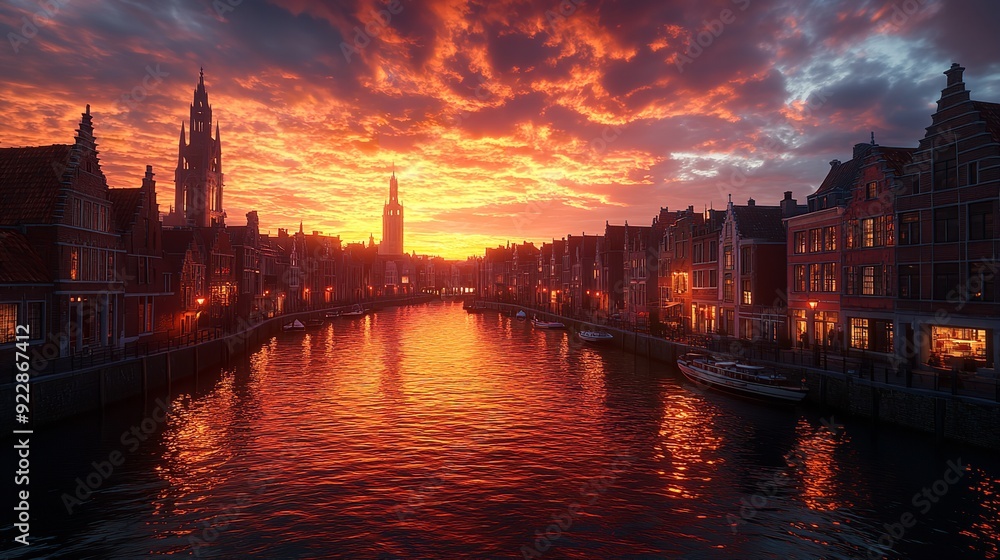 Fototapeta premium A beautiful serene of city skyline with a luxury sunset on the river, AI generated