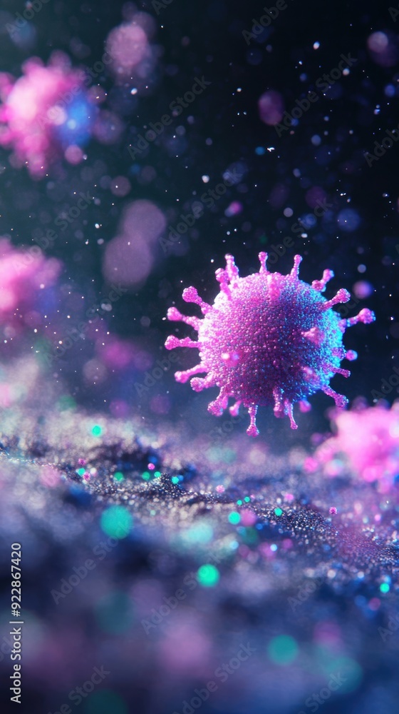 Colorful virus particles suspended in a dark, blurred background create a captivating microscopic view of viral structures Colorful virus particles suspended in a dark, blurred background create a captivating microscopic view of viral structures