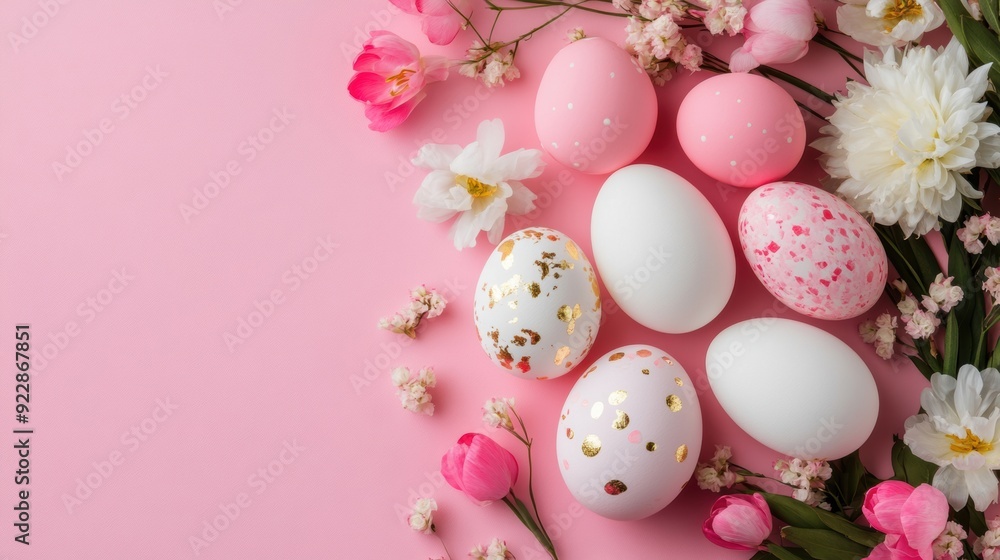 A collection of pink and white Easter eggs scattered with flowers on a soft pink surface A collection of pink and white Easter eggs scattered with flowers on a soft pink surface