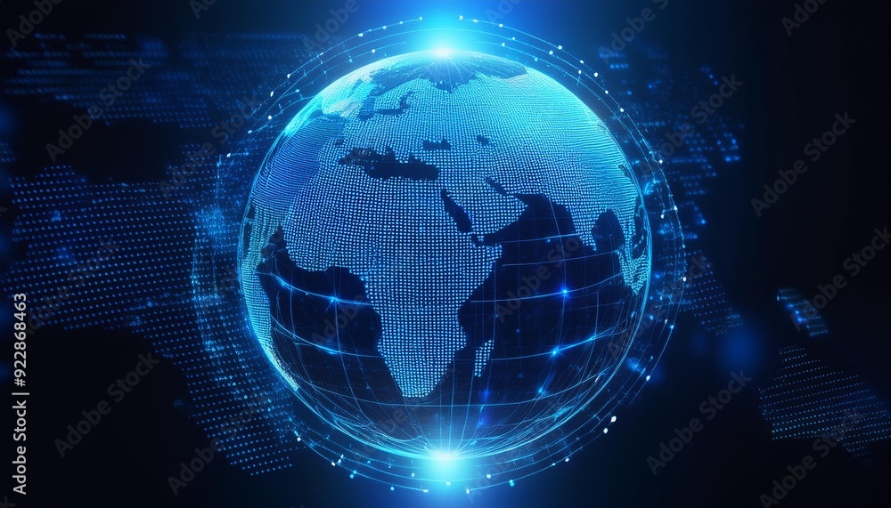 Illustration of a blue hologram globe with the world map, planet Earth sphere networking, global communication networks, Generative AI Illustration of a blue hologram globe with the world map, planet Earth sphere networking, global communication networks, Generative AI