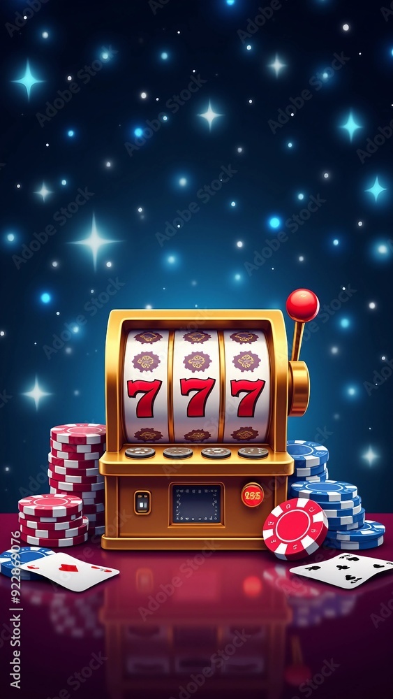 Slot Machine Jackpot with 777 and Casino Elements in a Night Scene Slot Machine Jackpot with 777 and Casino Elements in a Night Scene