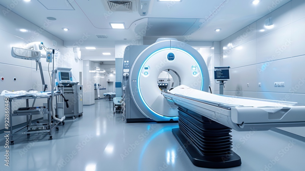 A modern and high-tech CT Scan room in a modern hospital. A modern and high-tech CT Scan room in a modern hospital.