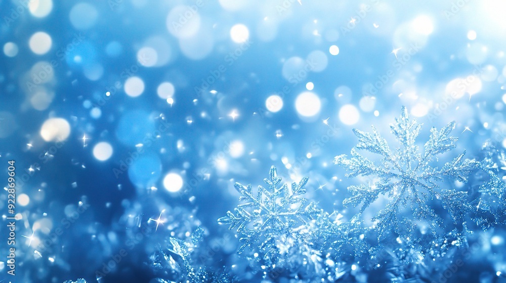 Winter Wonderland: A breathtaking close-up of intricate snowflakes glistening in the frosty light, their delicate beauty captured against a backdrop of shimmering blue bokeh. Winter Wonderland: A breathtaking close-up of intricate snowflakes glistening in the frosty light, their delicate beauty captured against a backdrop of shimmering blue bokeh.
