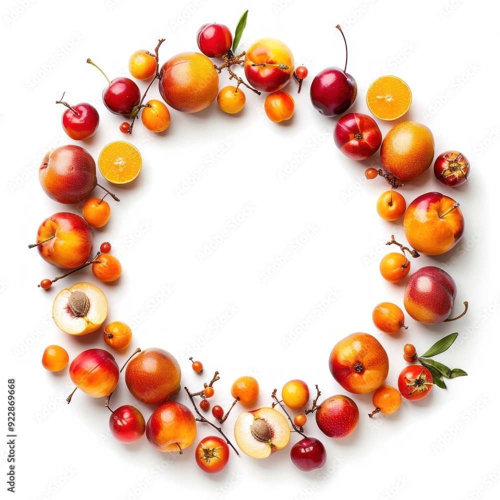 Obraz premium A circular arrangement of various fruits showcasing vibrant colors and natural beauty.
