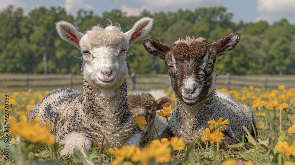 Fototapeta premium Adorable young goat and lamb on a green meadow, their curious look under the sunny