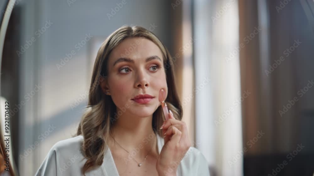 Relaxed lady using quartz roller at bedroom closeup. Calm woman massaging face Relaxed lady using quartz roller at bedroom closeup. Calm woman massaging face