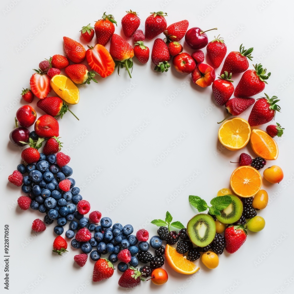 A vibrant arrangement of various fruits in a circular pattern, showcasing color and freshness.