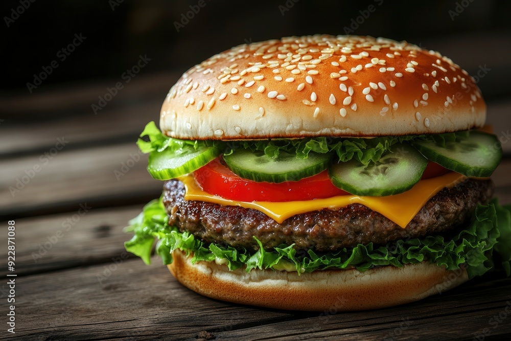 Fresh, delicious burgers with a beef patty, lettuce, onions, tomatoes and cucumbers. with generative ai Fresh, delicious burgers with a beef patty, lettuce, onions, tomatoes and cucumbers. with generative ai