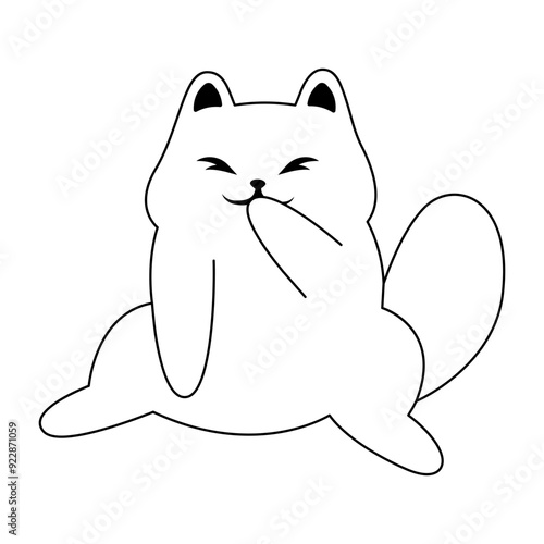Linear illustration of a laughing cat in black color and on a transparent background