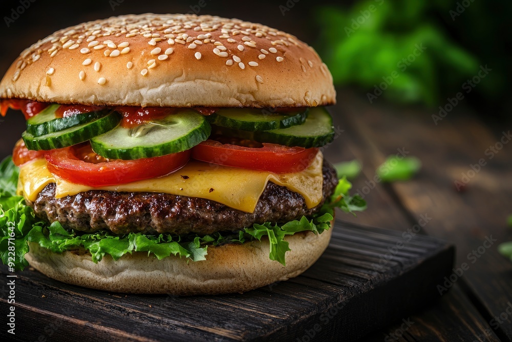 Fresh, delicious burgers with a beef patty, lettuce, onions, tomatoes and cucumbers. with generative ai Fresh, delicious burgers with a beef patty, lettuce, onions, tomatoes and cucumbers. with generative ai
