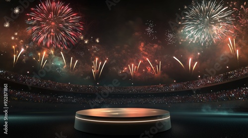 A photo of a 3D podium in the center of a stadium with fireworks lighting up the sky, isolated on a dark black background