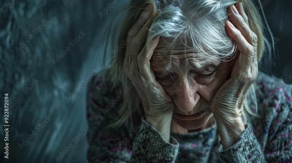 Mature depressed woman with mental illness holding head in hands Mature depressed woman with mental illness holding head in hands
