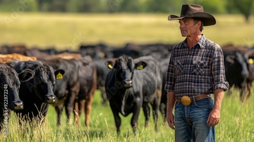 A cowboy stands among a herd of black cattle in a lush green pasture, dressed in traditional attire and observing the animals. photo