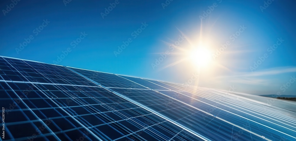 Solar panels harnessing sunlight in a clear blue sky, illustrating renewable energy and sustainable technology. Solar panels harnessing sunlight in a clear blue sky, illustrating renewable energy and sustainable technology.