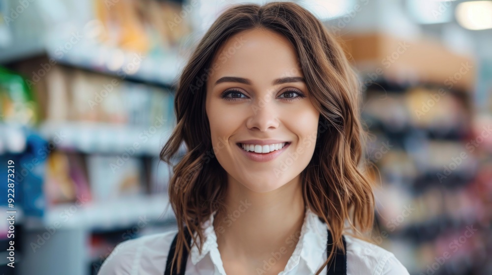 Portrait of a happy smiling young businesswoman representing a customer loyalty program with rewards and membership benefits in a blurred background setting symbolizing customer service Portrait of a happy smiling young businesswoman representing a customer loyalty program with rewards and membership benefits in a blurred background setting symbolizing customer service