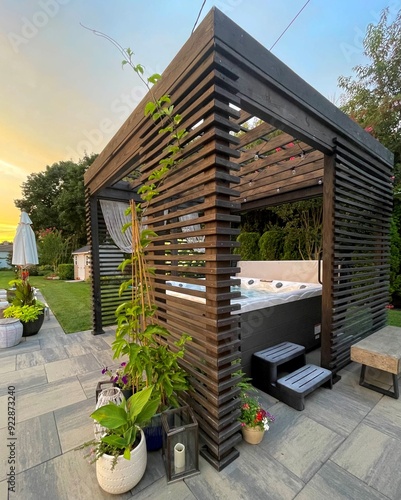 Gorgeous modern boho backyard design showcasing an outdoor pergola made from pine.  Within the pergola sits a hot tub spa with seats and a lounger.  Artsy decor sets the mood with outdoor LED lights.