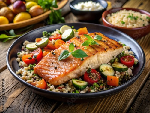 Freshly prepared healthy meal featuring grilled salmon, cooked quinoa, and oven-roasted vegetables, topped with crumbled feta cheese and finished with a rich balsamic glaze.