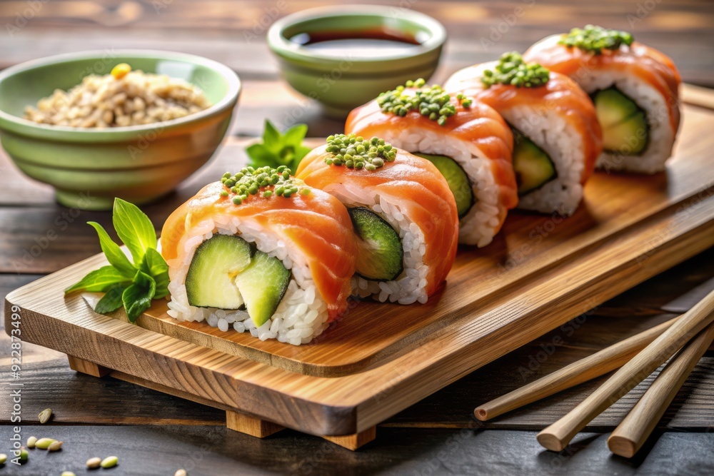 Freshly prepared salmon sushi roll garnished with sliced avocado, cucumber, and sesame seeds, served on a wooden platter with a side of wasabi and pickled ginger. Freshly prepared salmon sushi roll garnished with sliced avocado, cucumber, and sesame seeds, served on a wooden platter with a side of wasabi and pickled ginger.
