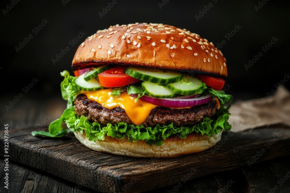 Fresh, delicious burgers with a beef patty, lettuce, onions, tomatoes and cucumbers. with generative ai Fresh, delicious burgers with a beef patty, lettuce, onions, tomatoes and cucumbers. with generative ai