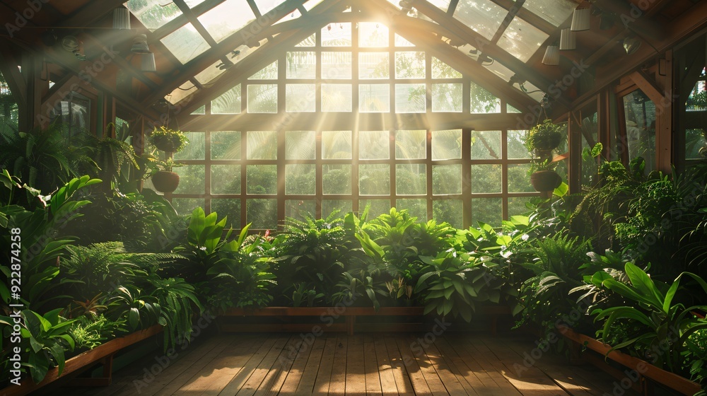 A serene greenhouse filled with lush plants, illuminated by sunlight streaming through large windows. A serene greenhouse filled with lush plants, illuminated by sunlight streaming through large windows.