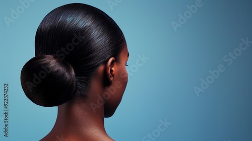 A person with a modern sleek bun, featuring smooth and shiny hair gathered into a neat bun photo