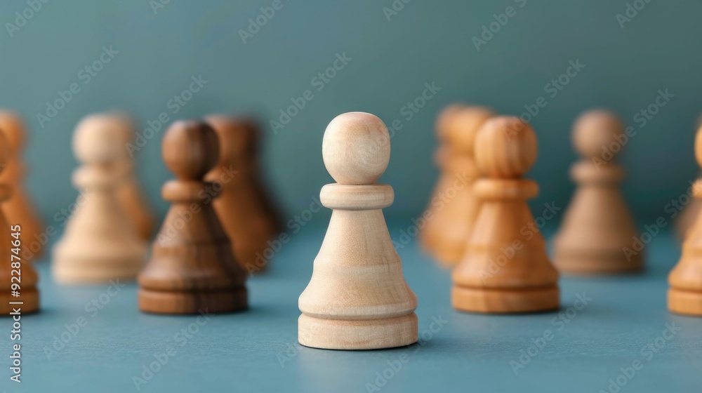 Close up view of various wooden chess pieces on a blue background symbolizing leadership development team building and training programs for business and corporate growth strategies Close up view of various wooden chess pieces on a blue background symbolizing leadership development team building and training programs for business and corporate growth strategies