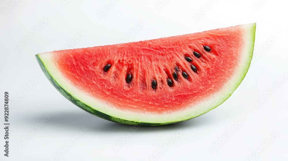 A single slice of ripe watermelon with dark seeds, isolated on a white background. A single slice of ripe watermelon with dark seeds, isolated on a white background.