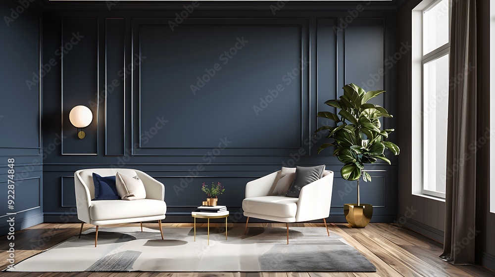 Modern Living Room with Blue Walls and White Armchairs Modern Living Room with Blue Walls and White Armchairs