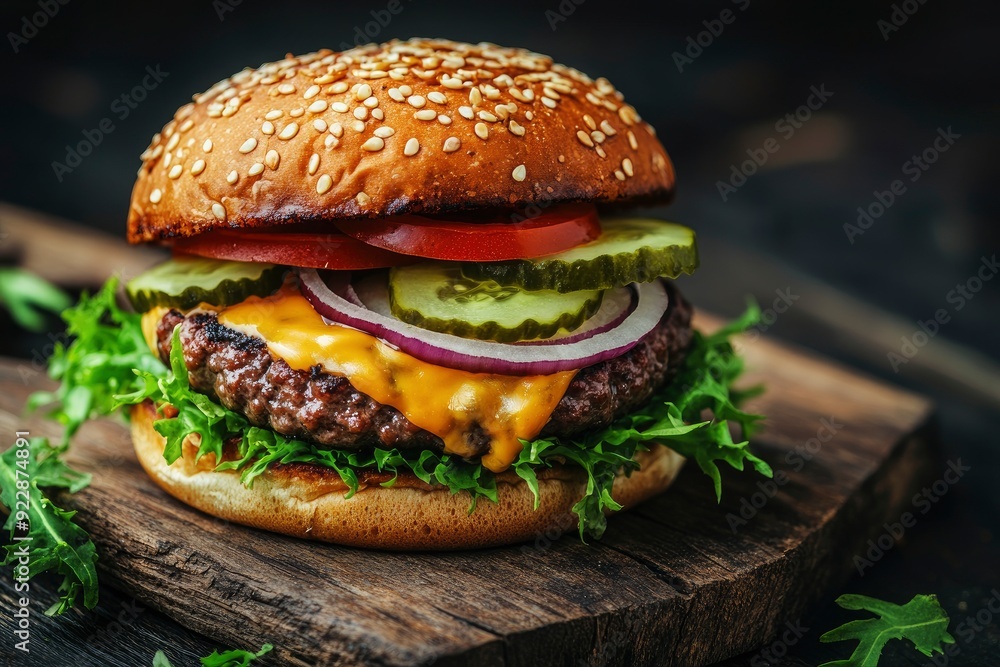 Fresh, delicious burgers with a beef patty, lettuce, onions, tomatoes and cucumbers. with generative ai Fresh, delicious burgers with a beef patty, lettuce, onions, tomatoes and cucumbers. with generative ai