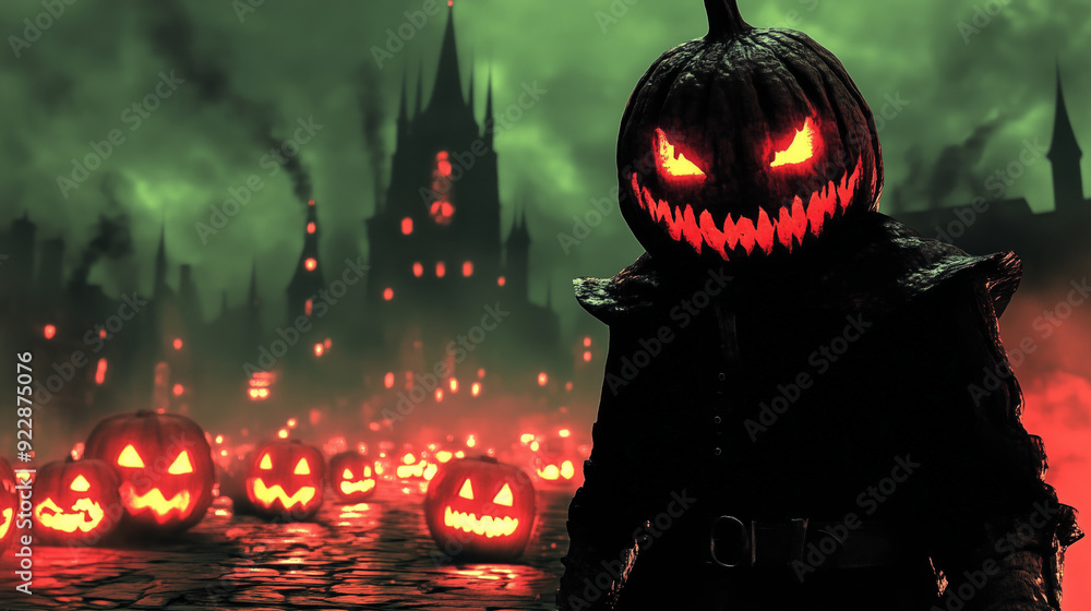 Menacing Pumpkin-Headed Figure in Haunted City with Glowing Jack-O'-Lanterns and Green Sky at Halloween Night Menacing Pumpkin-Headed Figure in Haunted City with Glowing Jack-O'-Lanterns and Green Sky at Halloween Night