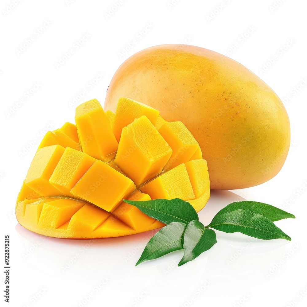 A whole mango next to a slice of mango with leaves isolated on a white background. A whole mango next to a slice of mango with leaves isolated on a white background.