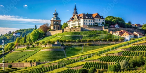 Vibrant image of the sunny Radebeul wine slopes in Dresden with the iconic Spitzhaus building against blue sky, Radebeul, Sachsen