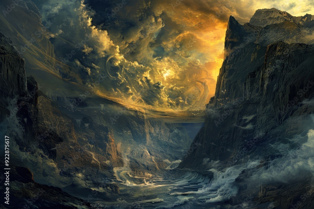 Fototapeta premium Epic Fantasy Landscape with Golden Skies