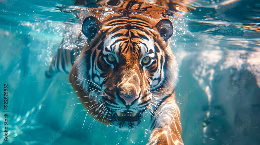 custom made wallpaper toronto digitalCaptivating image of a majestic Bengal tiger effortlessly swimming underwater in its natural tropical habitat showcasing the power agility
