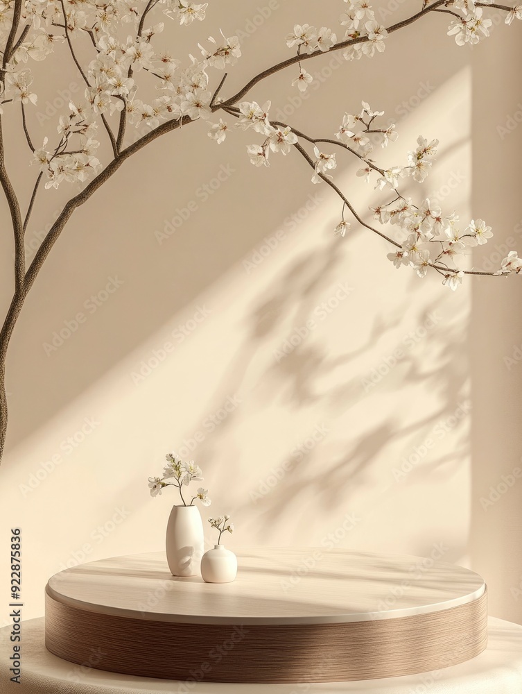 Geometric empty podium wooden platform stand for product presentation and spring flowering tree branch with white flowers on pastel beige background with generative ai Geometric empty podium wooden platform stand for product presentation and spring flowering tree branch with white flowers on pastel beige background with generative ai
