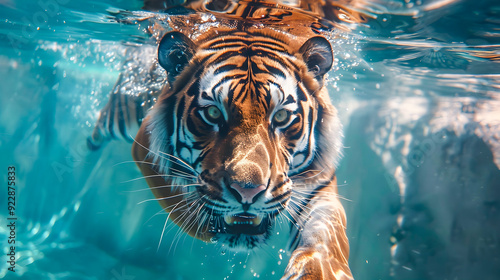 Wallpaper Mural Captivating image of a majestic Bengal tiger effortlessly swimming underwater in its natural tropical habitat showcasing the power agility Torontodigital.ca