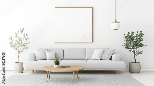 Design a modern minimalist interior suite, primarily using light gray, off-white, and light wood tones, with accents of bright colors. Select furniture with clean lines.